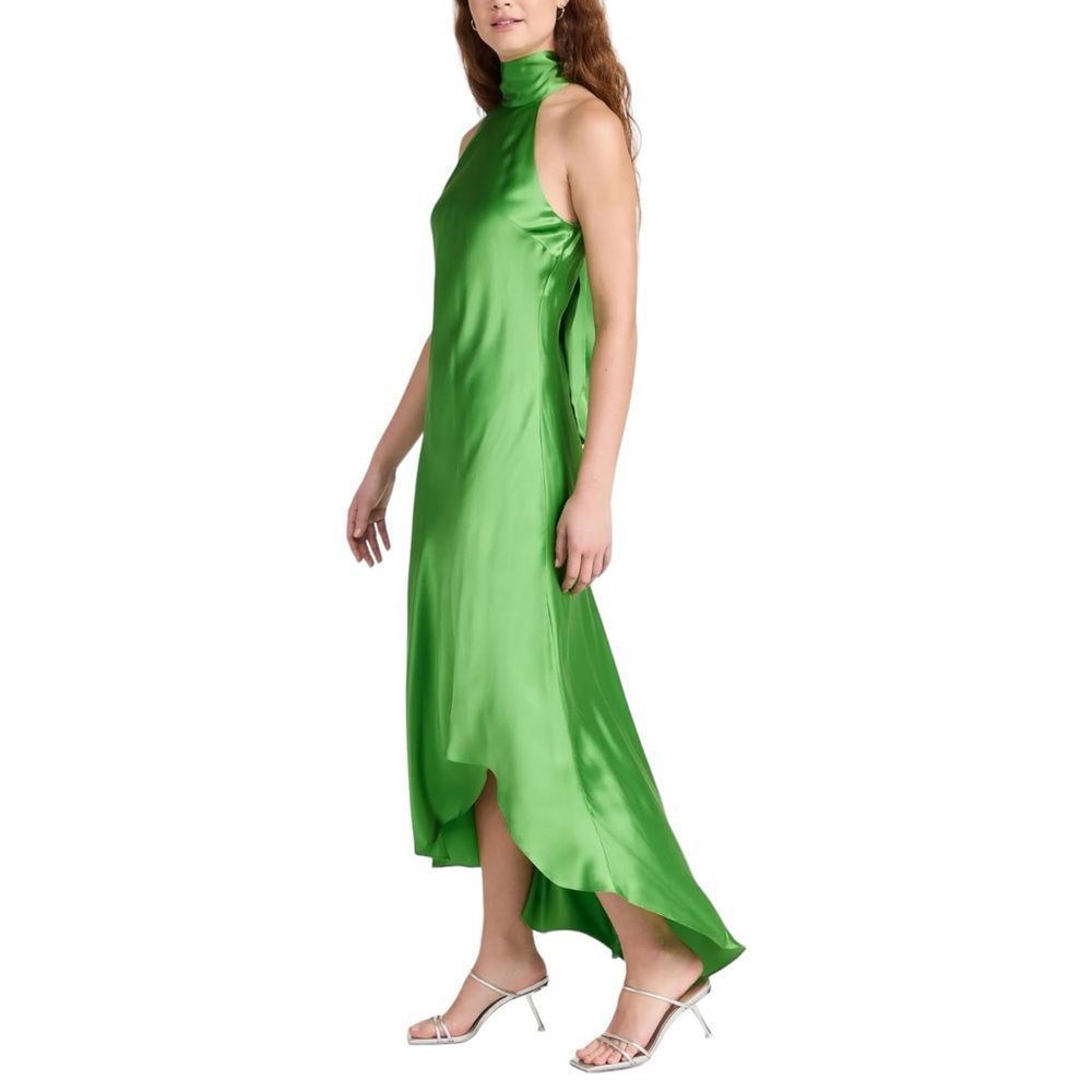 FRAME Draped Neck Tie Halter Dress in Bright Peridot Silk Size Large NEW - Picture 16 of 16